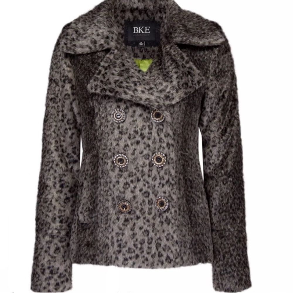 BKE Ladies Jacket Coat Leopard Faux Fur Pea Coat Structured Size Medium M
